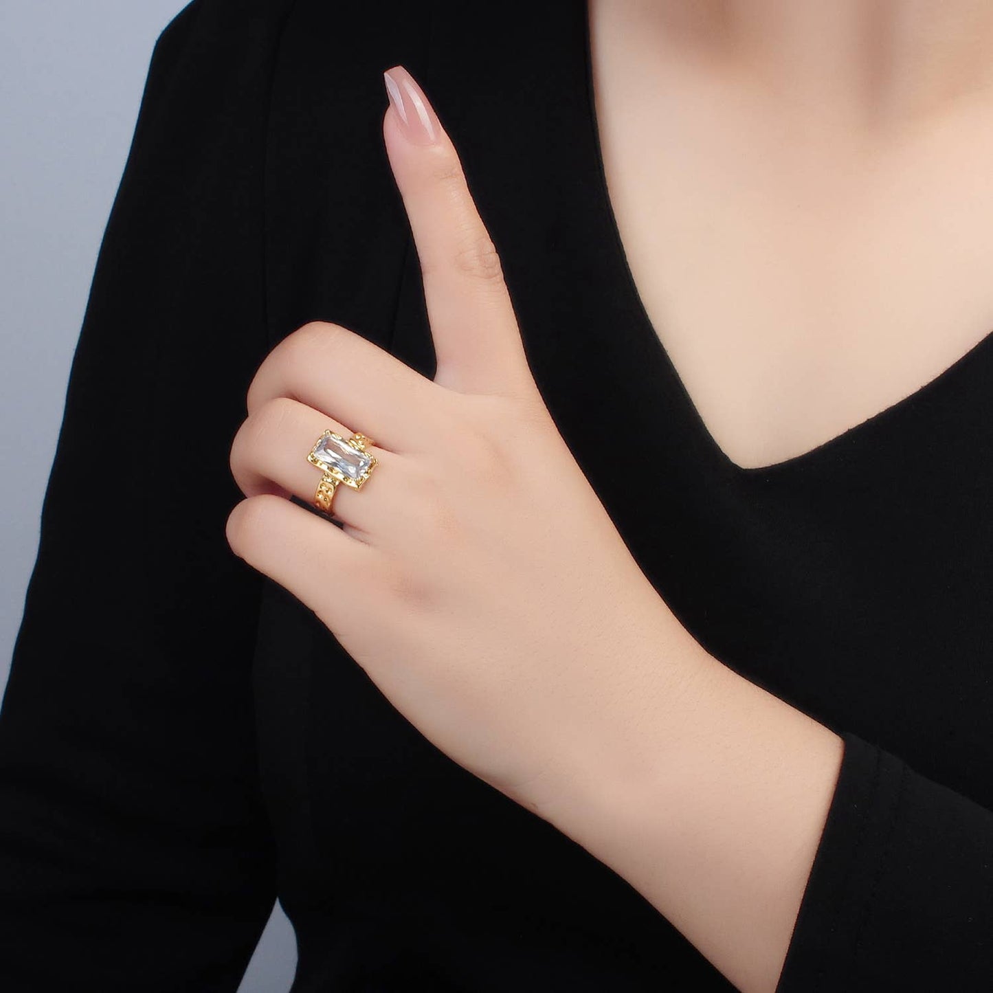 24K Gold Filled CZ Hammered Baguette Band Ring